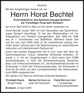 Traueranzeige von Horst Bechtel von Siegener Zeitung