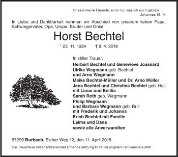 Traueranzeige von Horst Bechtel von Siegener Zeitung