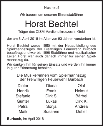 Traueranzeige von Horst Bechtel von Siegener Zeitung