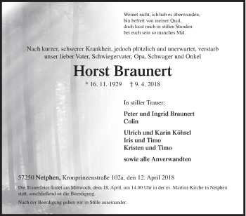 Traueranzeige von Horst Braunert  von Siegener Zeitung