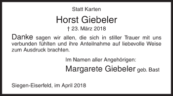 Traueranzeige von Horst Giebeler von Siegener Zeitung