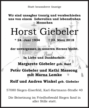 Traueranzeige von Horst Giebeler von Siegener Zeitung