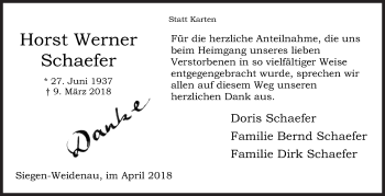 Traueranzeige von Horst Werner Schaefer von Siegener Zeitung
