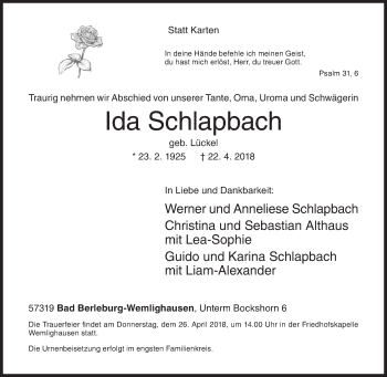 Traueranzeige von Ida Schlapbach von Siegener Zeitung