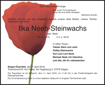 Traueranzeige von Ilka Neeb-Steinwachs von Siegener Zeitung