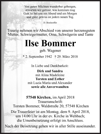 Traueranzeige von Ilse Bommer von Siegener Zeitung