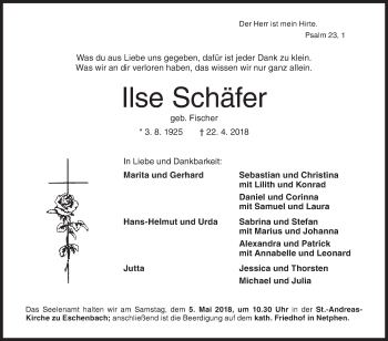 Traueranzeige von Ilse Schäfer von Siegener Zeitung