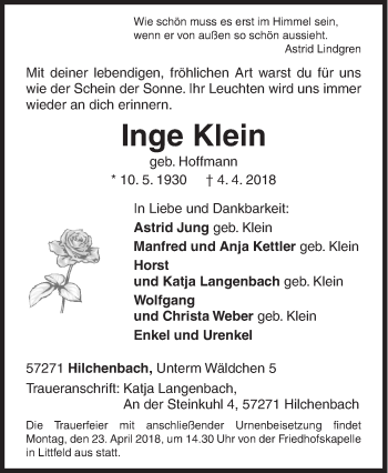 Traueranzeige von Inge Klein von Siegener Zeitung