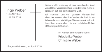 Traueranzeige von Inge Weber von Siegener Zeitung