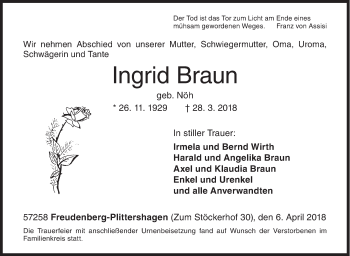 Traueranzeige von Ingrid Braun von Siegener Zeitung