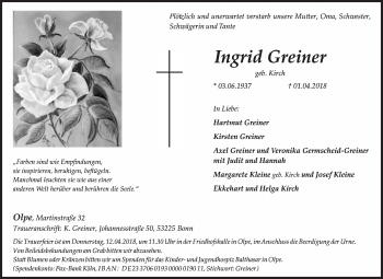 Traueranzeige von Ingrid Greiner von Siegener Zeitung