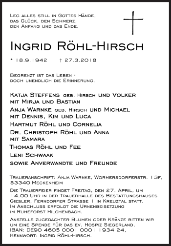 Traueranzeige von Ingrid Röhl-Hirsch von Siegener Zeitung