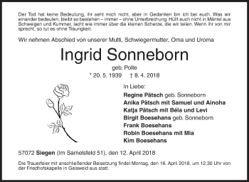 Traueranzeige von Ingrid Sonneborn von Siegener Zeitung