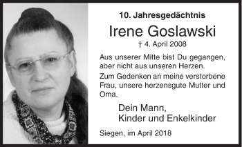 Traueranzeige von Irene Goslawski von Siegener Zeitung