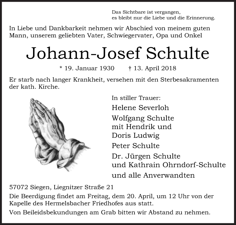  Traueranzeige für Johann-Josef Schulte vom 16.04.2018 aus Siegener Zeitung