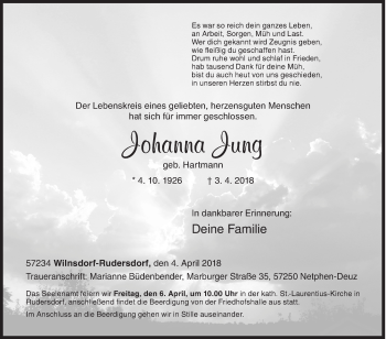 Traueranzeige von Johanna Jung von Siegener Zeitung