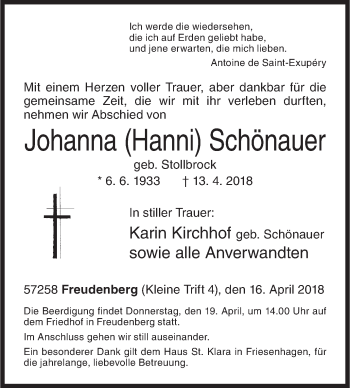 Traueranzeige von Johanna Schönauer von Siegener Zeitung