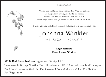 Traueranzeige von Johanna Winkler von Siegener Zeitung