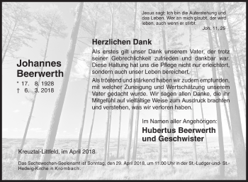 Traueranzeige von Johannes Beerwerth von Siegener Zeitung
