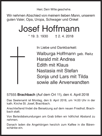 Traueranzeige von Josef Hoffmann von Siegener Zeitung