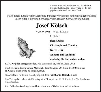 Traueranzeige von Josef Kölsch von Siegener Zeitung