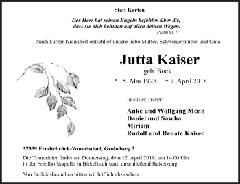 Traueranzeige von Jutta Kaiser von Siegener Zeitung