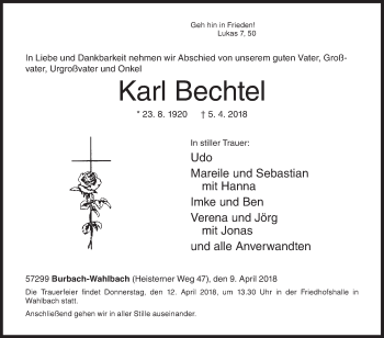 Traueranzeige von Karl Bechtel von Siegener Zeitung