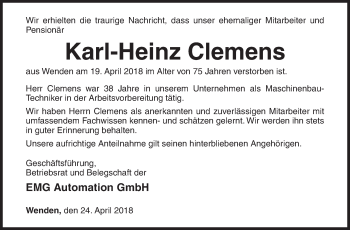 Traueranzeige von Karl-Heinz Clemens von Siegener Zeitung
