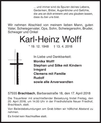 Traueranzeige von Karl-Heinz Wolff von Siegener Zeitung