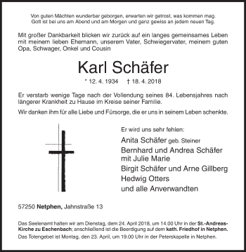 Traueranzeige von Karl Schäfer von Siegener Zeitung