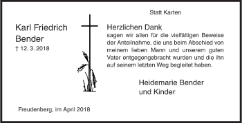 Traueranzeige von Karl Friedrich Bender von Siegener Zeitung