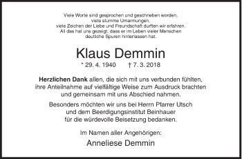 Traueranzeige von Klaus Demmin von Siegener Zeitung