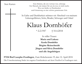 Traueranzeige von Klaus Dornhöfer von Siegener Zeitung