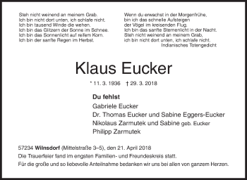 Traueranzeige von Klaus Eucker von Siegener Zeitung