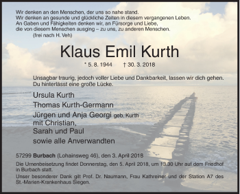 Traueranzeige von Klaus Emil Kurth von Siegener Zeitung