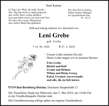 Traueranzeige von Leni Grebe von Siegener Zeitung