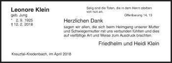 Traueranzeige von Leonore Klein von Siegener Zeitung