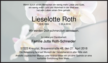 Traueranzeige von Lieselotte Roth von Siegener Zeitung