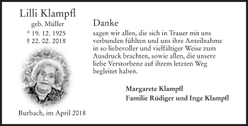 Traueranzeige von Lilli Klampfl von Siegener Zeitung