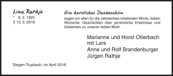 Traueranzeige von Lina Rathje von Siegener Zeitung