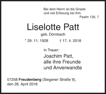 Traueranzeige von Liselotte Patt von Siegener Zeitung