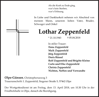 Traueranzeige von Lothar Zeppenfeld von Siegener Zeitung