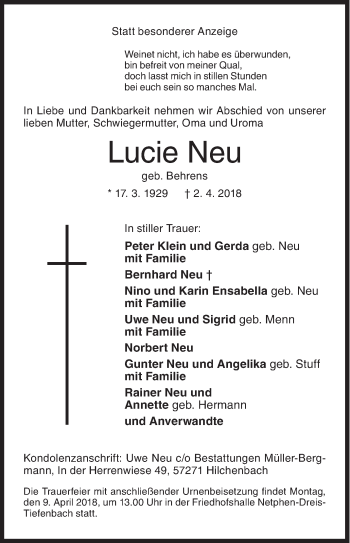 Traueranzeige von Lucie Neu von Siegener Zeitung