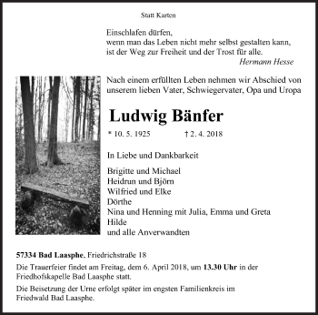Traueranzeige von Ludwig Bänfer von Siegener Zeitung