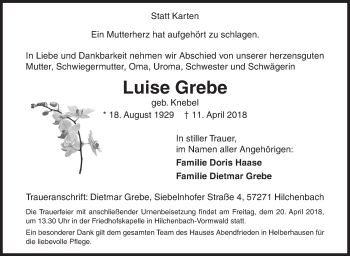 Traueranzeige von Luise Grebe von Siegener Zeitung