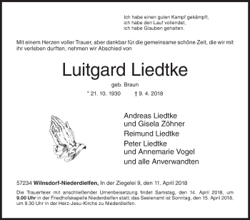 Traueranzeige von Luitgard Liedtke von Siegener Zeitung