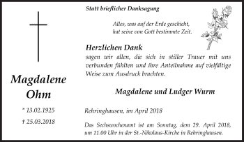 Traueranzeige von Magdalene Ohm von Siegener Zeitung