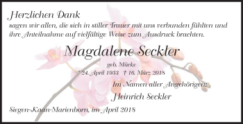 Traueranzeige von Magdalene Seckler von Siegener Zeitung