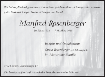 Traueranzeige von Manfred Rosenberger von Siegener Zeitung