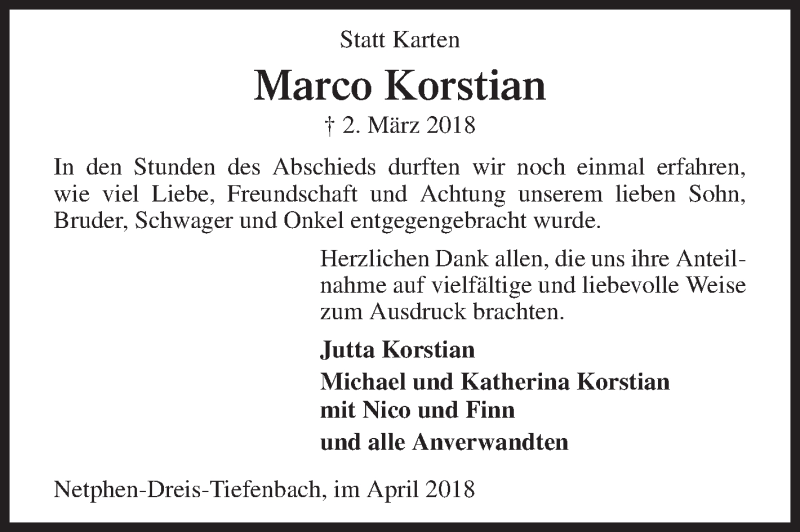  Traueranzeige für Marco Korstian vom 14.04.2018 aus Siegener Zeitung